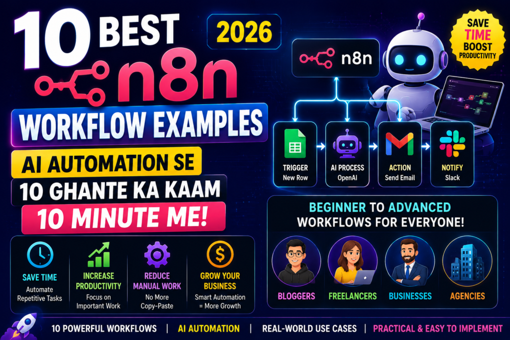 10 best n8n workflow examples showing AI automation use cases for bloggers freelancers businesses and agencies to save time and increase productivity in 2026