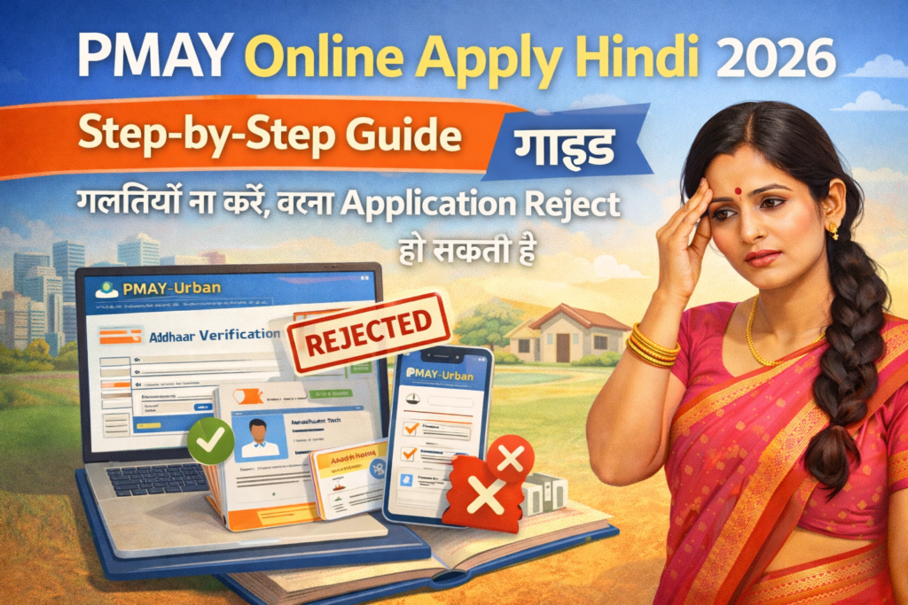 PMAY Online Apply Hindi 2026 step by step guide showing Aadhaar verification, application rejection warning and woman applicant