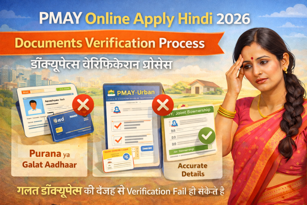 PMAY Online Apply Hindi 2026 documents verification process showing Aadhaar, bank details and eligibility check for women applicants