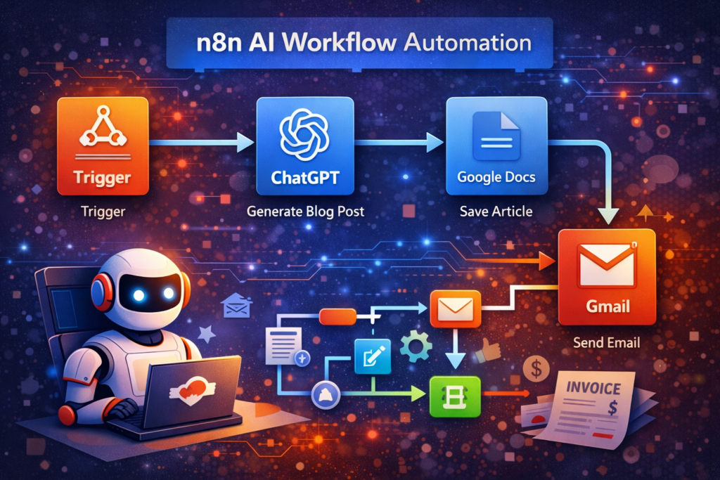 n8n AI workflow automation diagram with ChatGPT Google Docs and Gmail