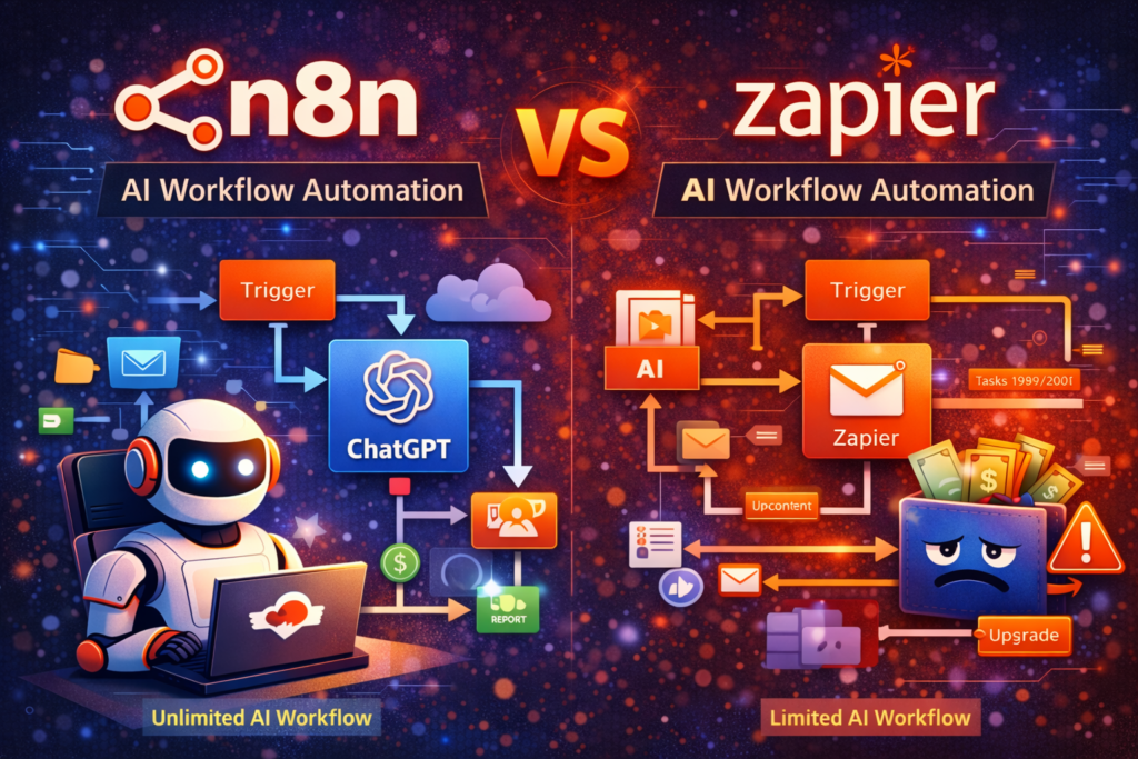 AI automation workflow comparison between n8n and Zapier showing limitations and advantages