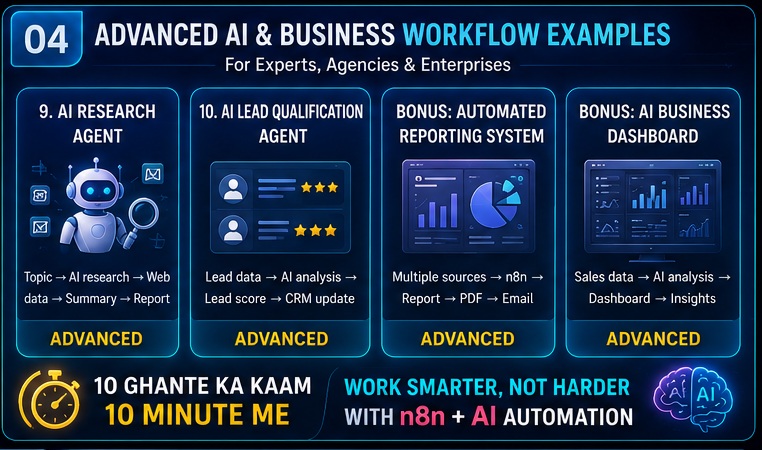 advanced AI n8n workflow examples featuring AI research agents, lead qualification systems and business automation dashboards