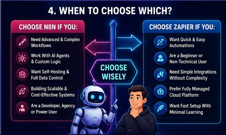 choose n8n or Zapier decision guide showing best automation platform based on user goals budget skills and workflow needs