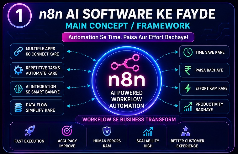 n8n AI Software Ke Fayde framework showing workflow automation, AI integration, time saving, cost reduction and productivity growth