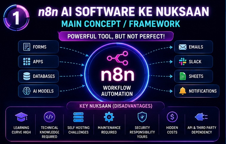 n8n AI Software Ke Nuksaan framework showing learning curve, technical setup, self hosting challenges, security risks and hidden costs