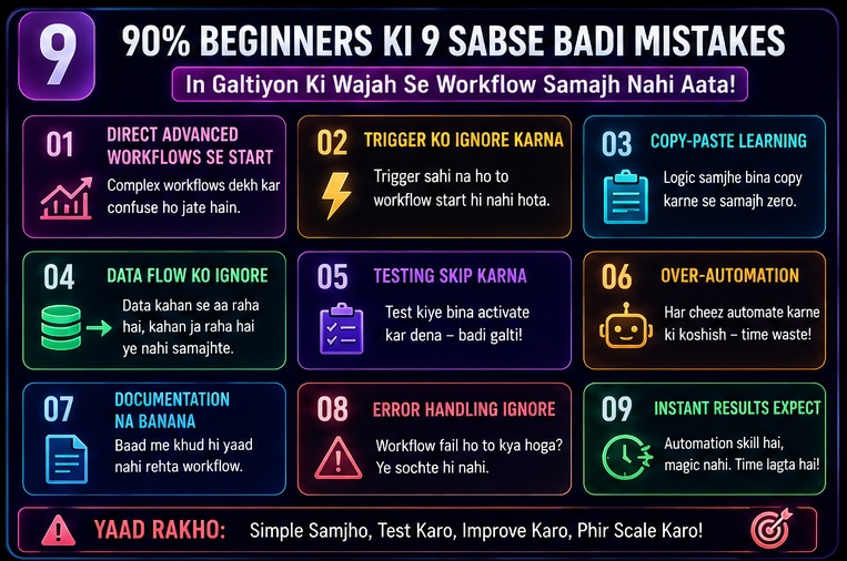 n8n workflow kaise kaam karta hai common beginner workflow mistakes including testing issues data flow errors and over automation