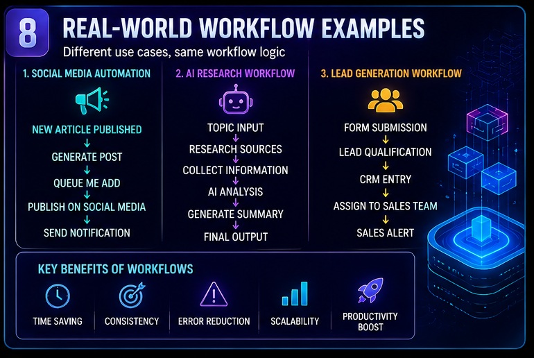 n8n workflow kaise kaam karta hai real world workflow examples including social media automation AI research and lead generation