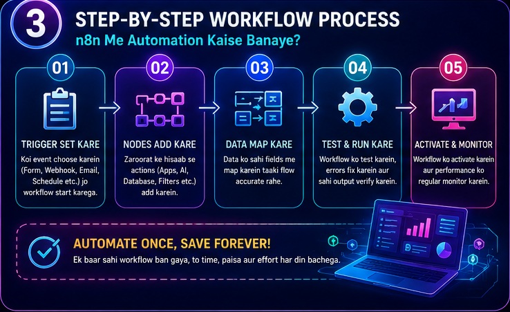 Step by step n8n workflow process showing trigger setup, node configuration, data mapping, testing and workflow monitoring