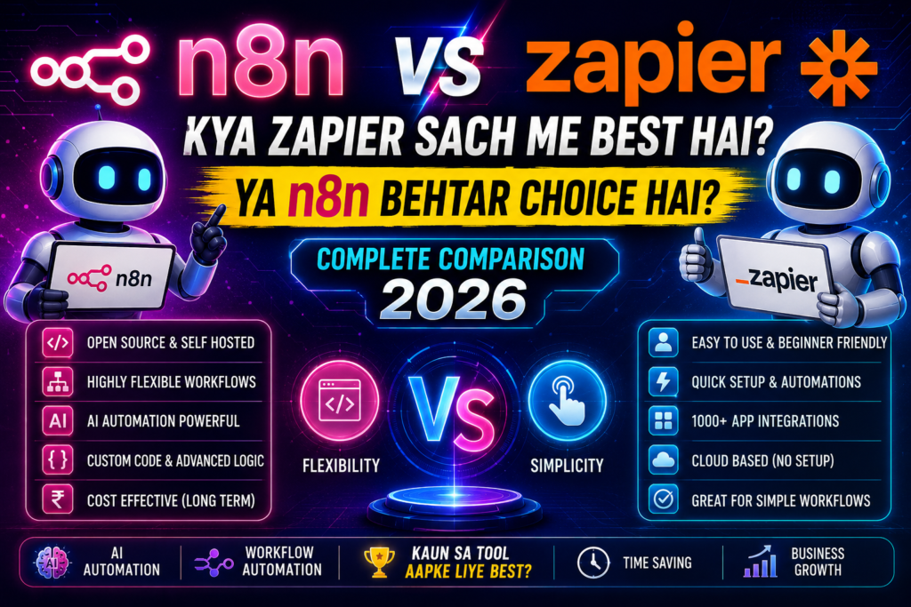 n8n vs Zapier complete comparison 2026 showing features pricing AI automation workflow flexibility pros cons and best automation tool choice