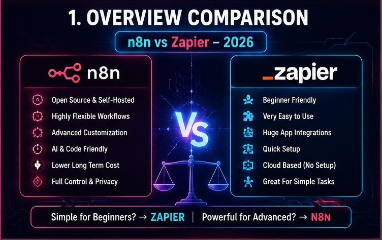 n8n vs Zapier overview comparison showing automation features, flexibility, ease of use and platform differences in 2026