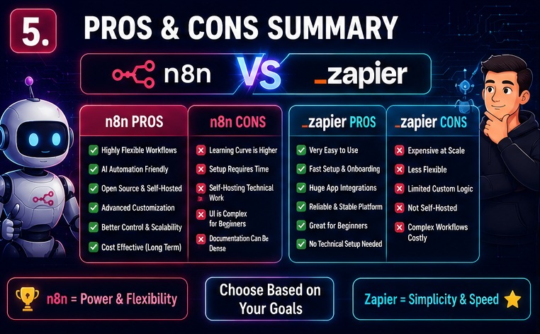 n8n vs Zapier pros and cons summary highlighting strengths weaknesses customization ease of use and automation capabilities