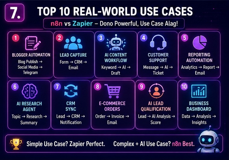 top 10 real world automation use cases using n8n and Zapier including blogging lead generation AI workflows and business automation