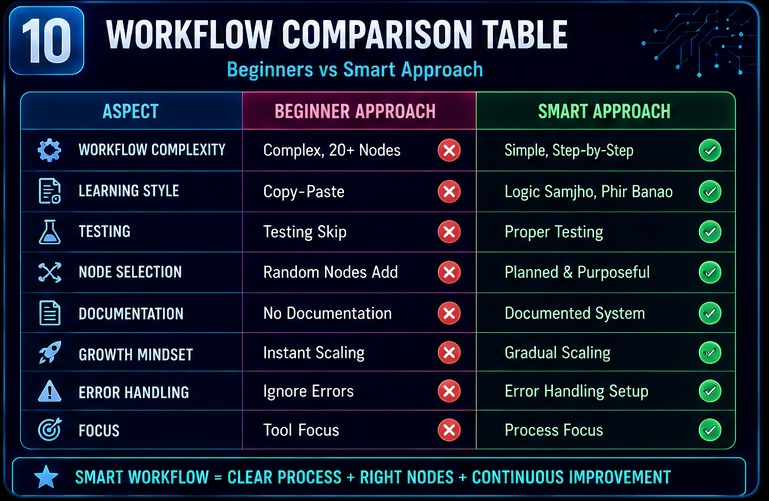 n8n workflow kaise kaam karta hai comparison between beginner workflow approach and smart workflow approach