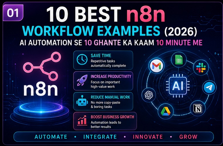 n8n workflow examples overview showing AI automation framework, productivity improvement, time saving and business automation benefits
