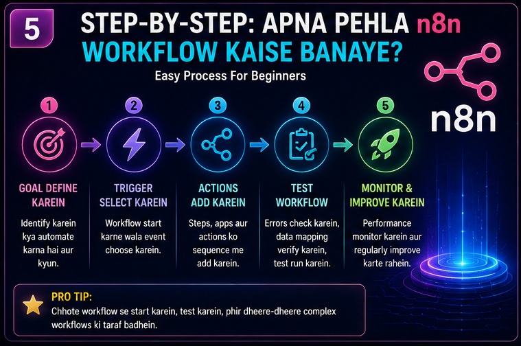 Step by step n8n workflow creation process showing goal definition, trigger setup, actions, testing and workflow optimization
