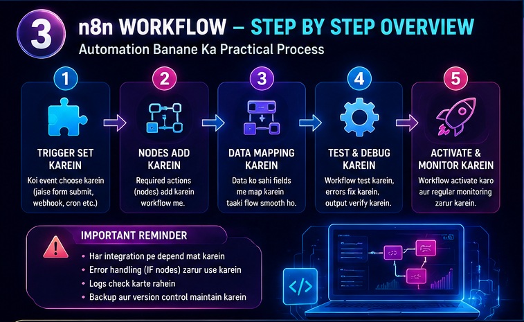 Step by step n8n workflow process showing trigger setup, node configuration, data mapping, testing and monitoring