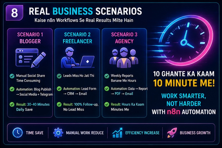 Real business scenarios using n8n workflow examples for bloggers, freelancers and agencies to automate daily tasks