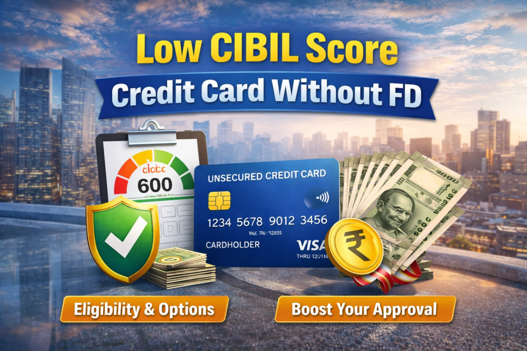 Low CIBIL score credit card without FD in India showing unsecured credit card, CIBIL score meter and approval options