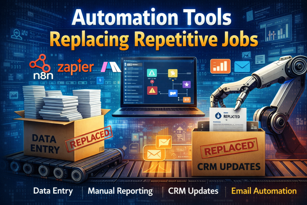 AI automation tools like n8n and Zapier replacing repetitive jobs such as data entry and CRM updates in 2026