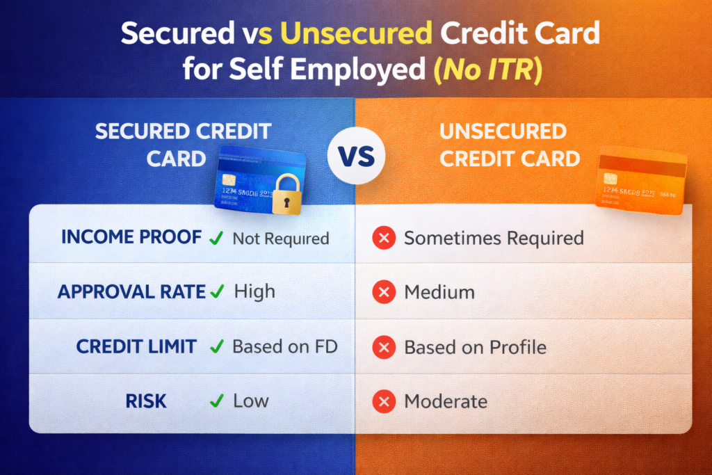Comparison of secured and unsecured self employed credit card without ITR