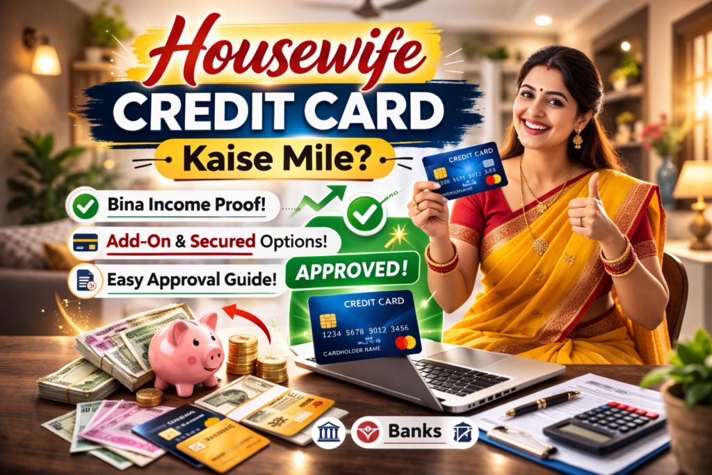 Housewife credit card kaise mile – Indian housewife checking credit card approval online with Add-On and Secured credit card options explained.