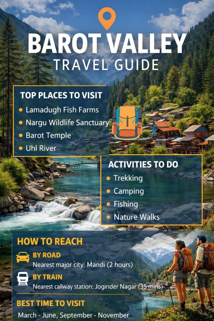 Barot Valley Himachal Pradesh travel guide infographic with tourist places and travel tips