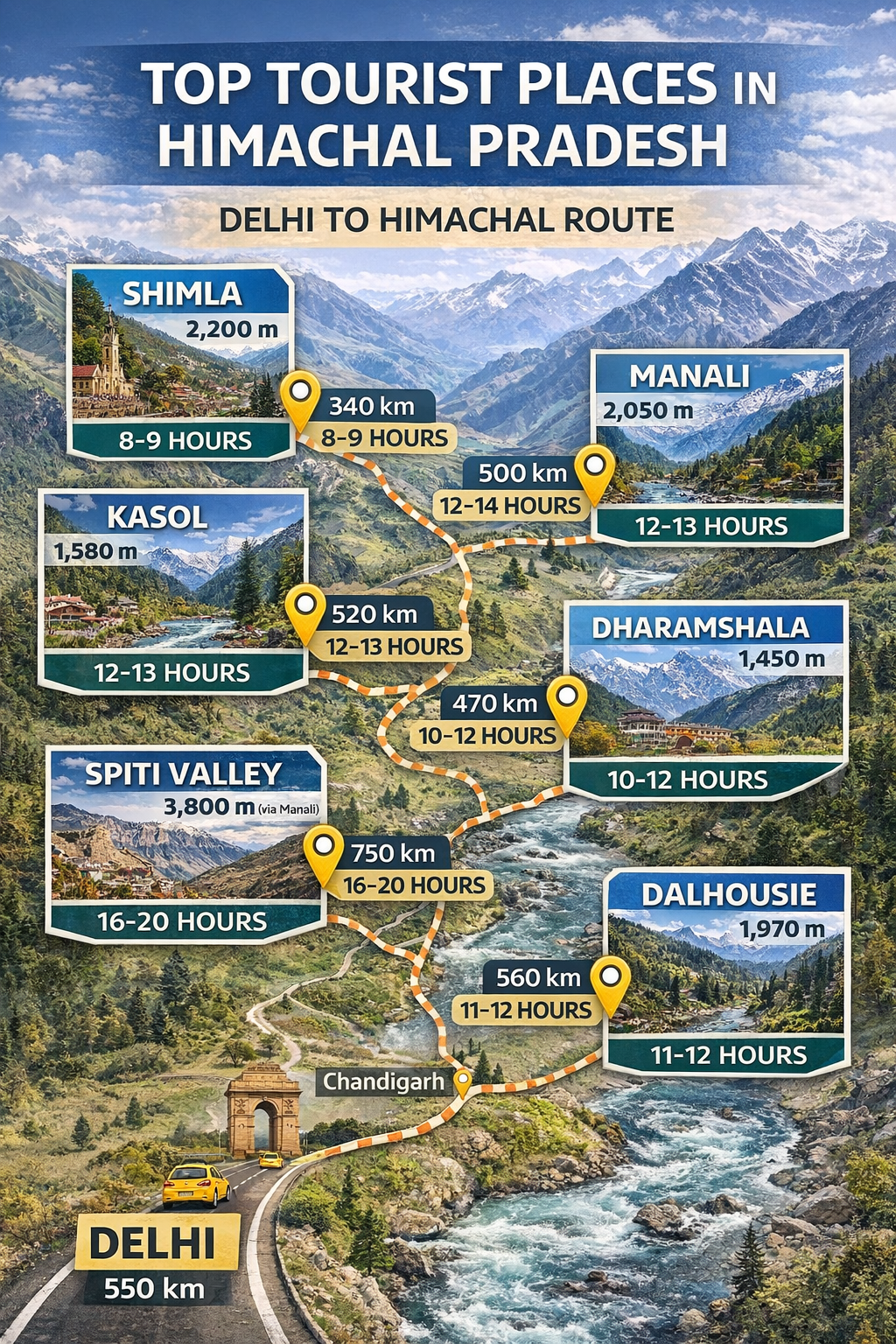 Top tourist places in Himachal Pradesh route from Delhi Shimla Manali Kasol Dharamshala Spiti Dalhousie