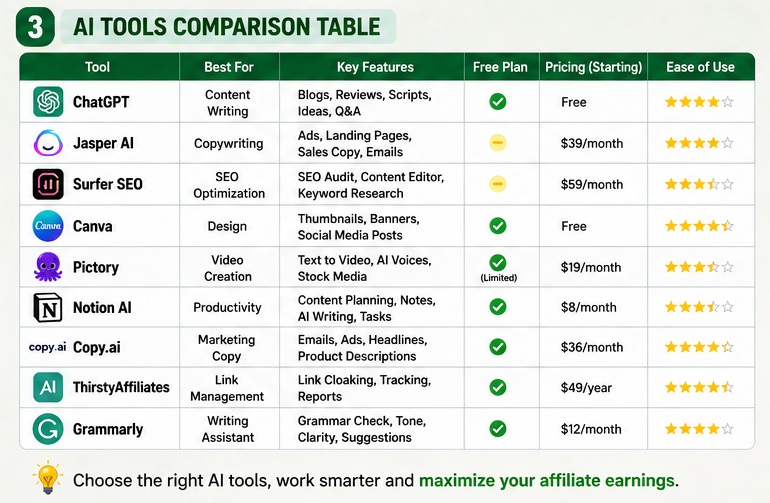 Best AI Tools for Affiliate Marketing comparison table