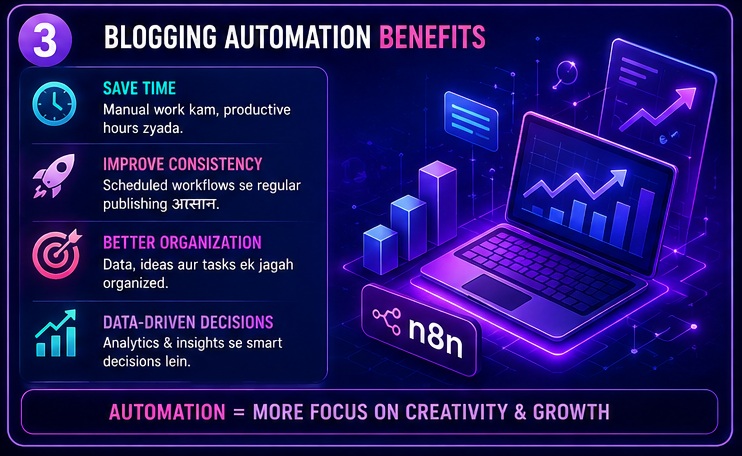 n8n se blogging automation kaise kare benefits including time saving better consistency improved organization and data driven decisions