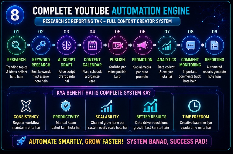 complete youtube automation engine using n8n showing research keyword research AI script drafting publishing promotion analytics and reporting