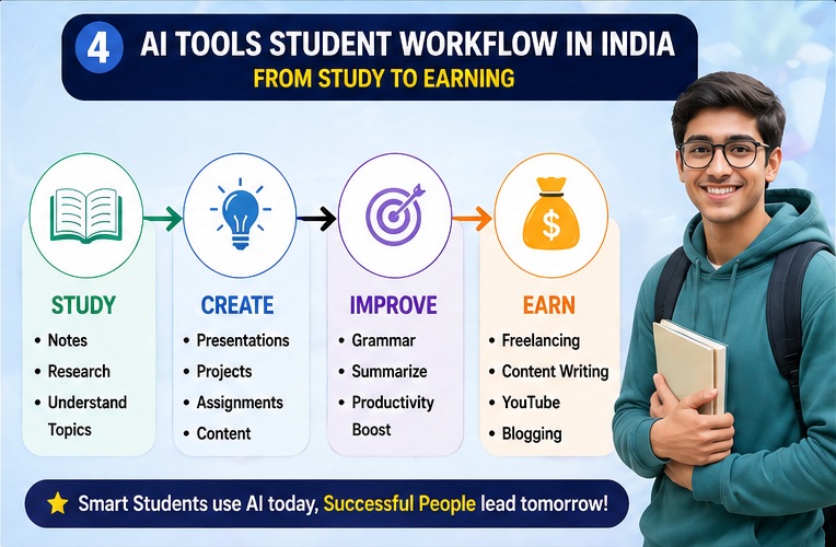 Free AI Tools for Students in India workflow from study to earning and productivity