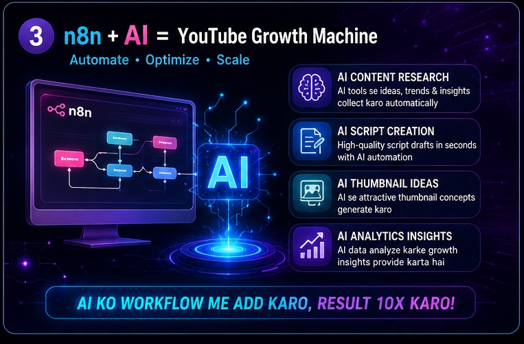 n8n AI powered youtube growth system showing content research script creation thumbnail ideas and analytics automation