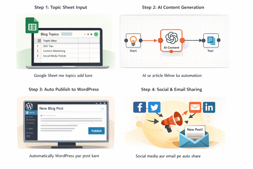 n8n se blogging automation kaise kare is workflow me dikhaya gaya hai jahan AI content generation aur wordpress auto publishing process explain kiya gaya hai