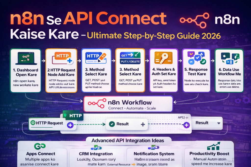 n8n se api connect kaise kare is featured image me http request node aur api integration workflow step by step dikhaya gaya hai