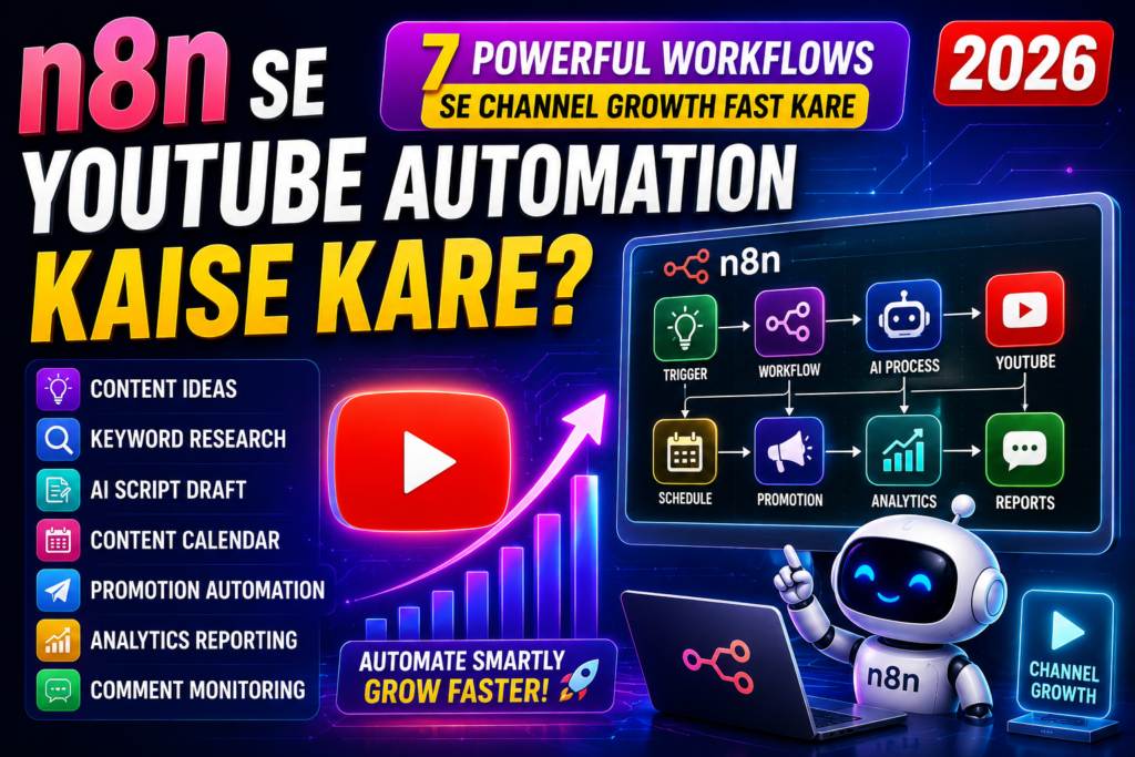 n8n se youtube automation kaise kare complete 2026 guide showing AI workflows content research keyword automation script drafting promotion analytics reporting and channel growth