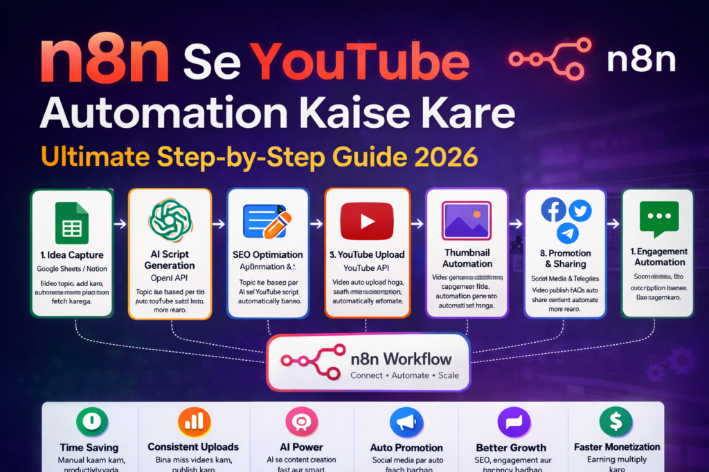 n8n se youtube automation kaise kare is image me complete workflow dikhaya gaya hai jisme video upload aur promotion automation process samjhaya gaya hai
