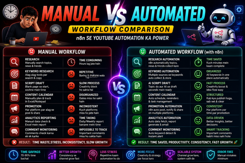 n8n se youtube automation kaise kare manual vs automated workflow comparison showing content research keyword automation AI script drafting promotion analytics reporting and channel growth benefits