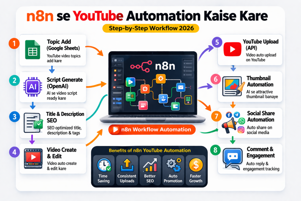 n8n se youtube automation kaise kare is workflow me video creation se lekar upload aur promotion automation process dikhaya gaya hai