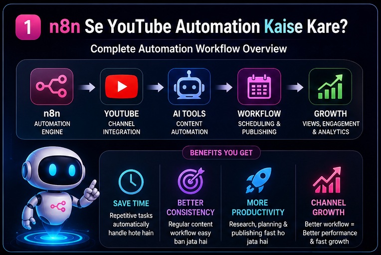 n8n se youtube automation kaise kare complete workflow overview showing content automation AI tools scheduling publishing and channel growth