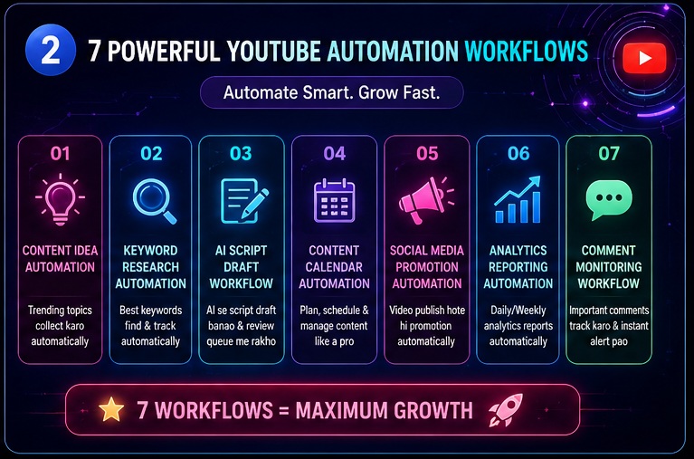 7 powerful n8n youtube automation workflows including content ideas keyword research AI scripts content calendar promotion analytics and comment monitoring