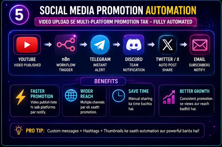 n8n youtube social media promotion automation workflow showing telegram discord X email and multi platform notifications