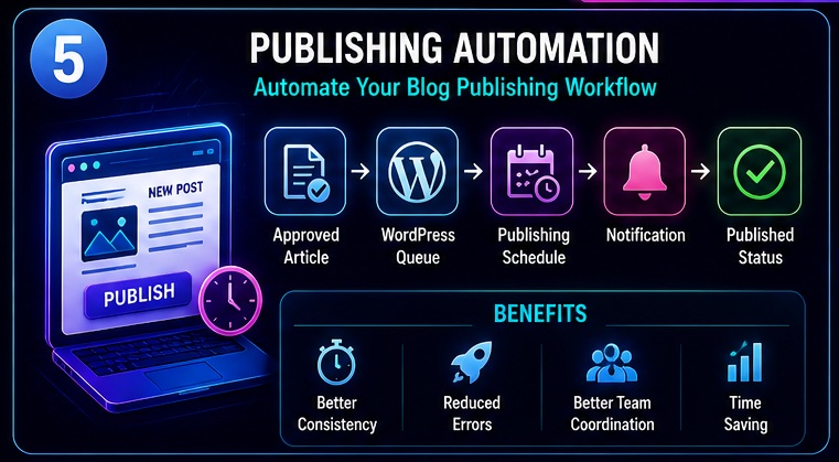 n8n se blogging automation kaise kare publishing automation workflow showing article approval scheduling notifications and publishing status