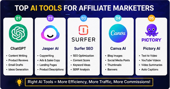 Top Best AI Tools for Affiliate Marketing including ChatGPT, Canva and Surfer SEO