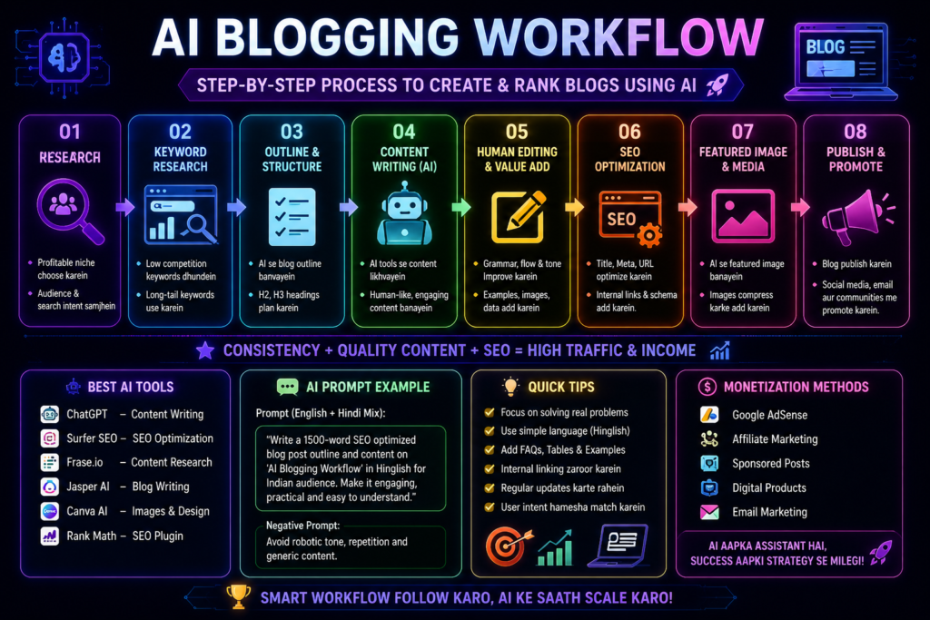 AI Blogging Workflow step by step guide in Hindi for beginners using AI tools and SEO
