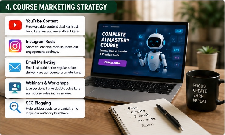 AI Online Course Income strategy using YouTube reels email marketing and SEO