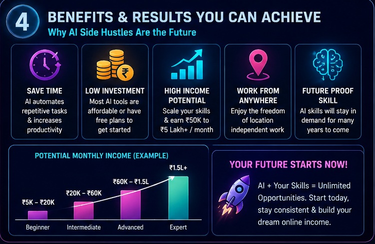 Benefits of AI side hustles infographic showing income growth productivity remote work and future-ready skills