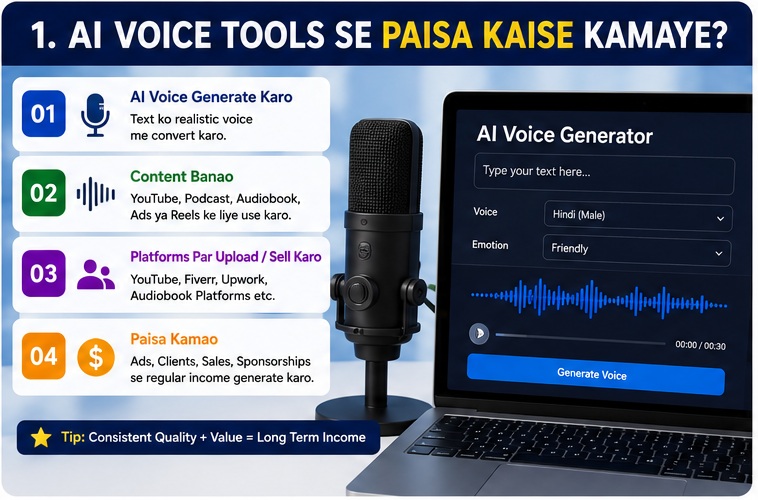 AI Voice Tools Se Paise Kaise Kamaye complete beginner guide for voiceover business