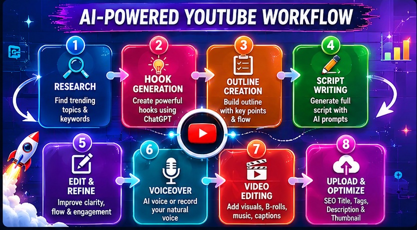 AI YouTube workflow using ChatGPT Prompts for YouTube Script Writing from research to publishing