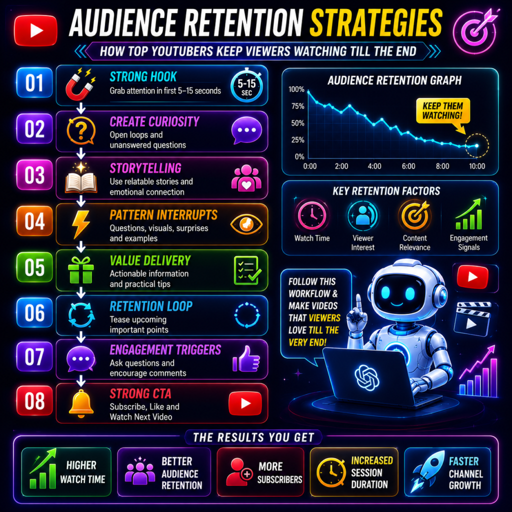 Audience retention strategies workflow using ChatGPT Prompts for YouTube Script Writing to increase watch time and viewer engagement