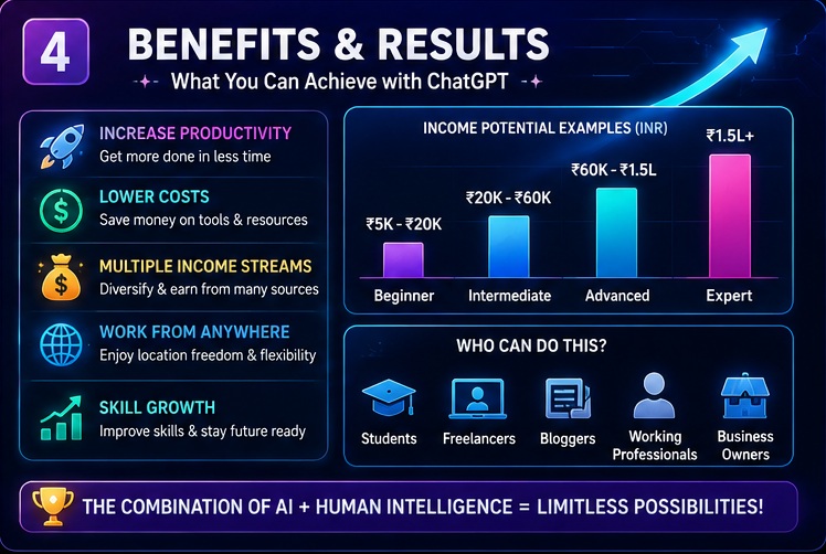 Benefits and results of making money with ChatGPT including productivity growth income potential and scalability